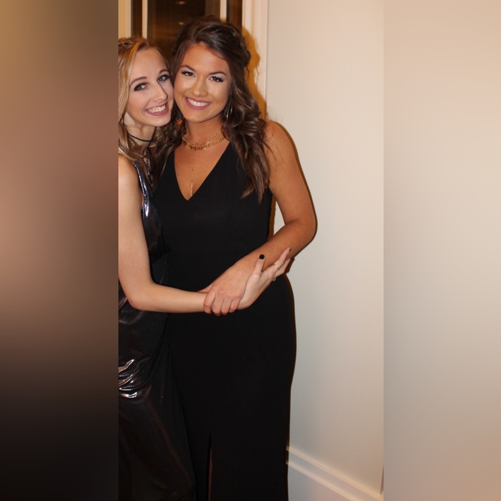 Lulu’s Black V Neck Dress with Lace Back and Slit